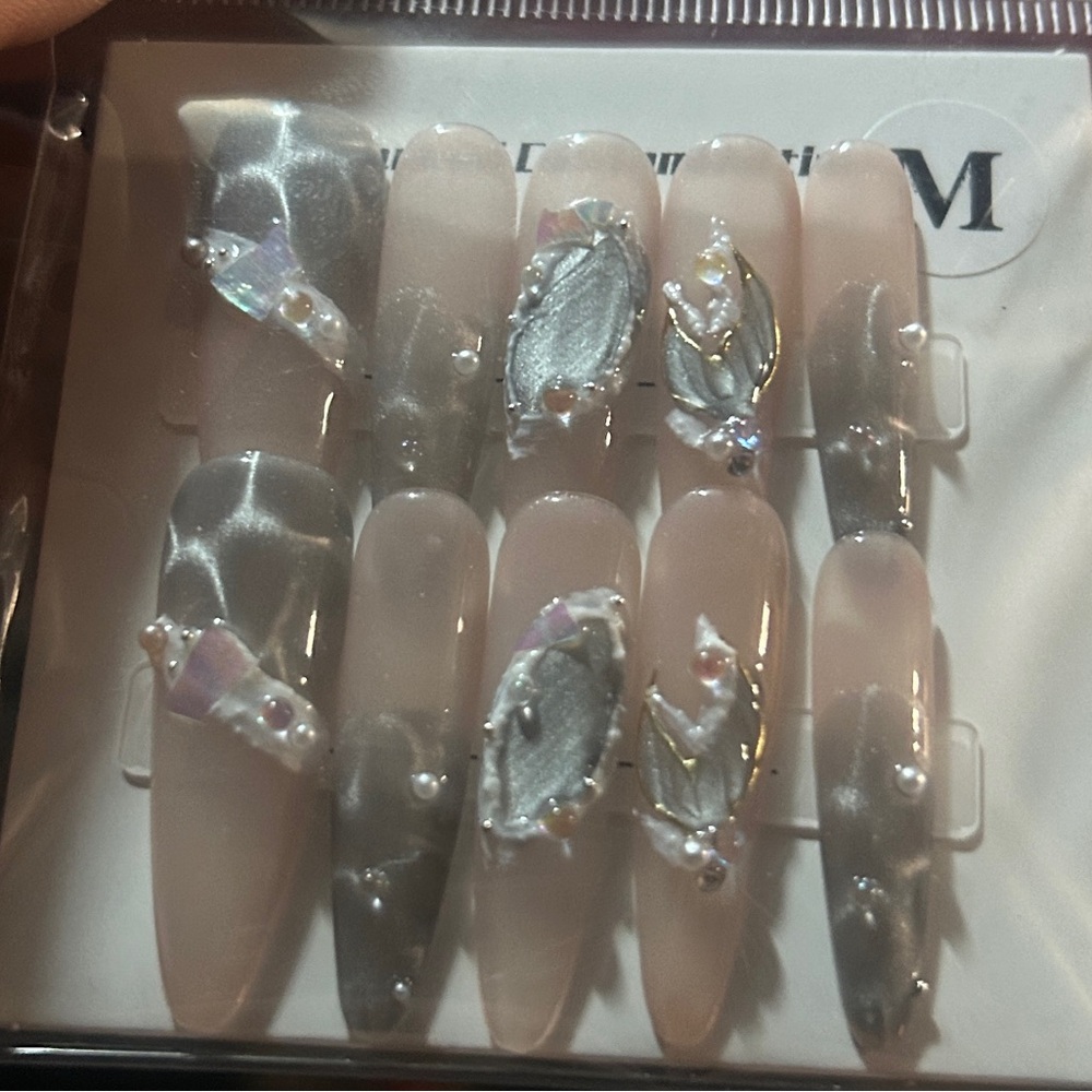Press-On Stiletto Nails Set - Silver Embellished Nude